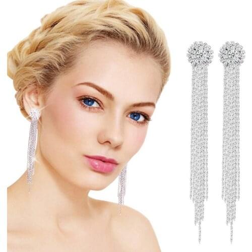 Trendy Long Tassel Crytal Party Drop Earrings For Women Silver Color Female Fashion Jewlery Shinning Luxury Hanging Earring