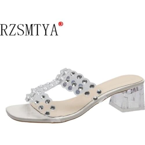 Women Crystal Clear Transparent Sandals Slippers Women Fashion High Heels Slide Chunky Mules Wedding Shoes