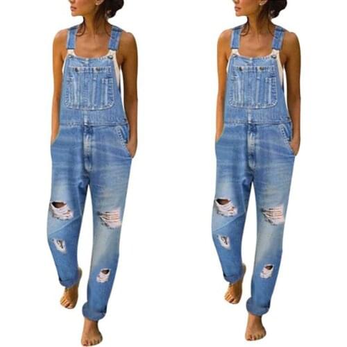 Womens Broken Hole Jeans Jumpsuit Long Pants Fashion Sexy Female Pants Overalls Jumpsuit High Street High Waist Elastic Force P