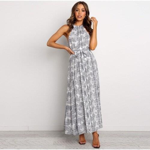 Sexy Halter Dress Gathered Empire Waist A Line Summer Dress 2021 Women Sukienka Bandage Belted Knot Vintage Floral Dress Draped