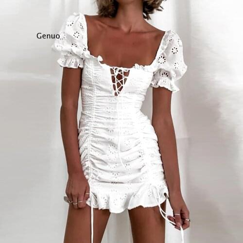 2021 Spring Summer Short Puff Sleeve Square Collar White Hollow Out Embroidery Sexy Mini Pleated Dress Women