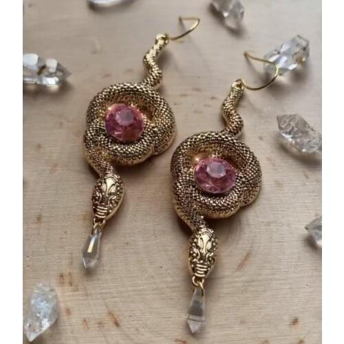 The Golden Snake Earrings with Drop Crystal, Gothic Earrings, Wicca Earrings