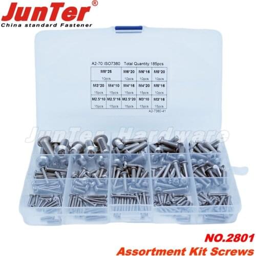 185pcs M2.5 M3 M4 M5 M6 M8 A2 Stainless Steel ISO7380 Button Head Allen Bolts Hexagon Socket Screws Assortment Kit NO.2801