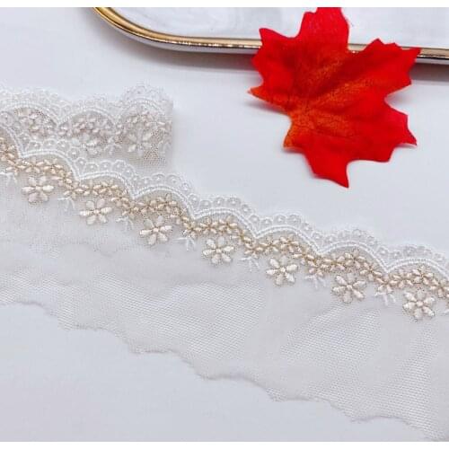 2 Yards/lot Width 6.4cm White Gold Thread Embroidered Flower Lace Trim Fabric Luxry Soft Lace For Sewing Garment Accessories
