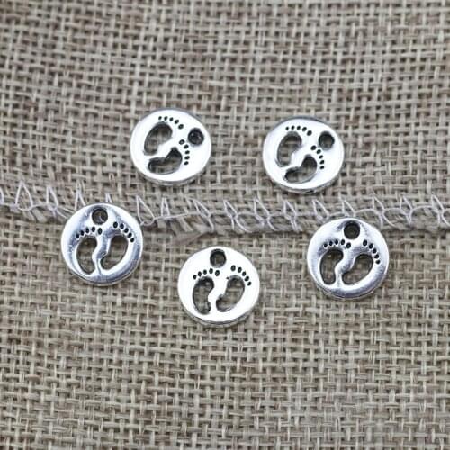 30 Pieces 11x11mm Antique Silver Color Baby Feet Round Charms Cute Pendant Handcraft Jewelry
