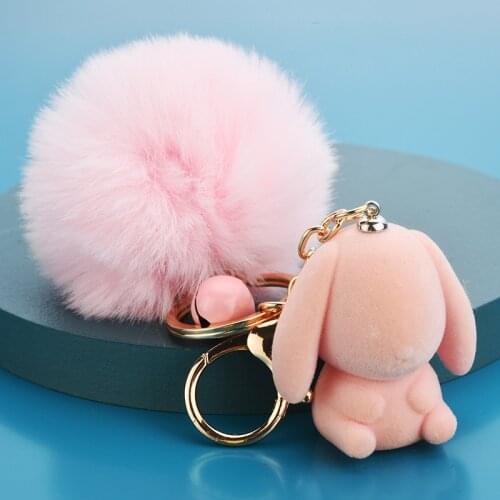 Lovely Cute Animal Rabbit Key Chain Women Girl Keyring Holder Fluffy Pom Pom Fur Keychain Doll Flocking Key Ring Bag Charms Gift