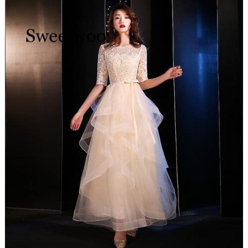 2020 Elegant O-neck Half Sleeve A-line Evening Gowns Lace Up Party Dresses robe de soiree