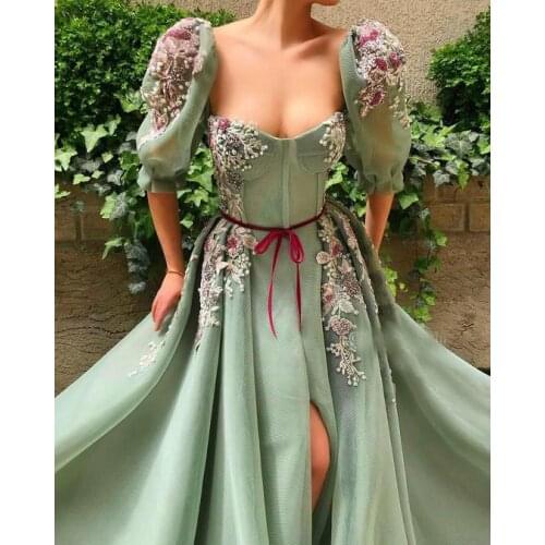 Elegant Muslim Mint Green Sweetheart Prom Gowns With Belt High Slit Lace A-Line Islamic Dubai Saudi Arabic Long Evening Dresses