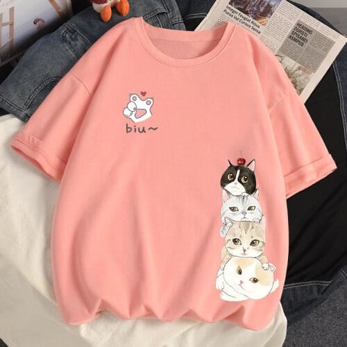 100% Cotton T Shirt Summer Womens Casual Short Sleeve T Shirt Harajuku Cartoon Pattern T Shirt Loose Plus Size S-5XL Women Tops