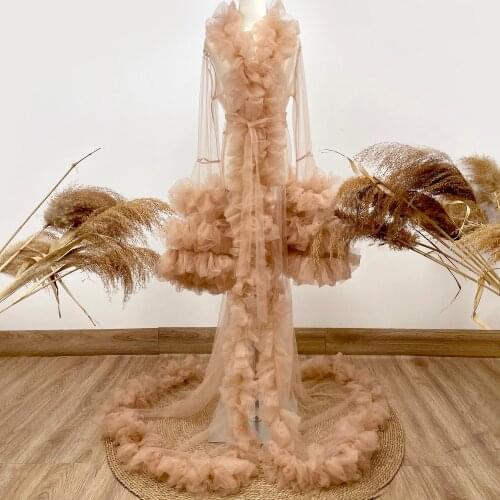 Photo Shoot Robe Soft Tulle Long Bell Sleeves Floral Edge Dress Pregnant Voile Gown for Maternity Photography Prop Baby Shower