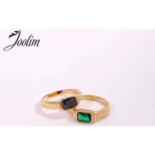 Joolim High End 18K Gold PVD Delicacy Black Glass Rings for Women Stainless Steel Jewelry Wholesale