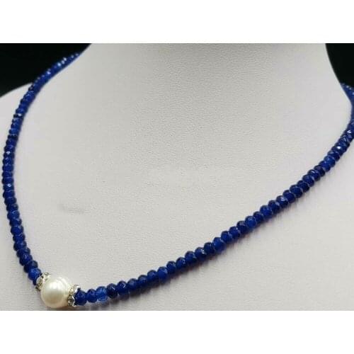 Beautiful 2x4mm Blue Sapphire 9-10mm White Sea Pearl Gemstone Necklace 18