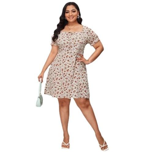 Summer Fashion Floral Square Neck Lace Dress Mature Ruffle Short Sleeve Large Size Short Skirt Women -40