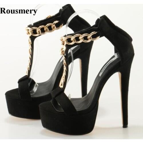 Summer Hot Sale Women Fashion Open Toe T-strap Black Suede Leather High Platform Sandals Gold Chain Design High Heels Dress Shoe
