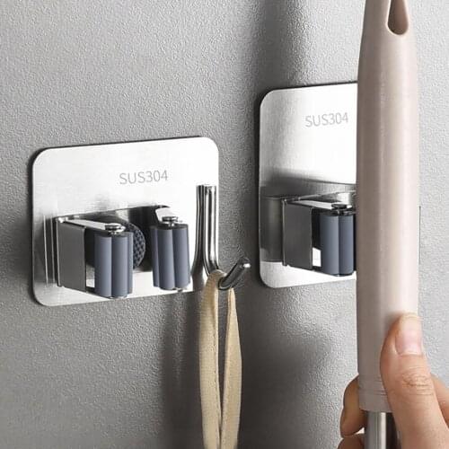 Stainless Steel Broom Mop Clip Wall Mount Storage Organizer Heavy Duty Tools Hanger with Rack Bathroom Kitchen Hanger