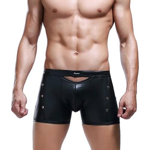 Fashionable Men Solid Color Underwear Male Breathable Artificial Leather Personalized Rivet Decoration Sexy Boxer Shorts