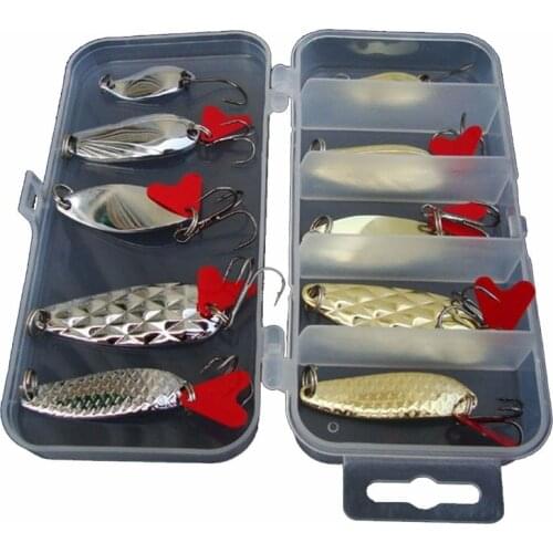 10Pcs Fishing Metal Spoon Lure Kit Set Gold Silver Baits Sequins Spinner Lures with Box Treble Hooks Fishing Tackle Gear