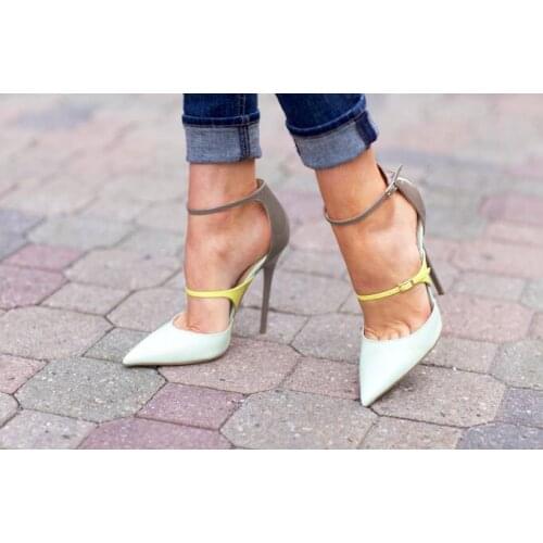 Neon Ankle Buckle Patent Leather Patchwork Ladies Sexy High Heels Spring Fashion White Leather Women Pumps Elegant Party Shoes