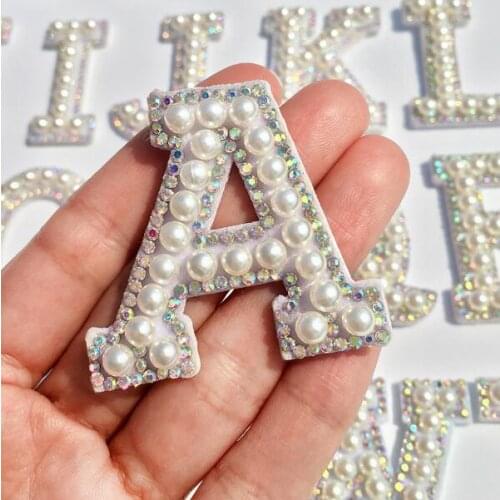 A-Z Pearl Rhinestone English Letter Alphabet Sew On Patch Badge 3D Handmade Letters Cloth Stickers Bag Hat Jeans Applique DIY