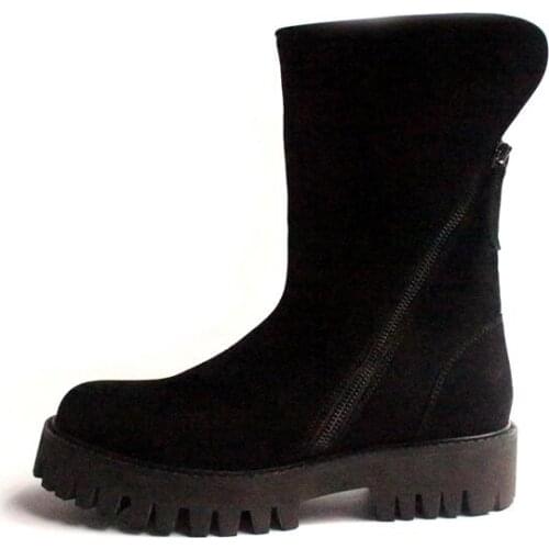 New winter casua double zipper mid-calf boots men shoes nubuck leather mens boots black classics lace up mens boots