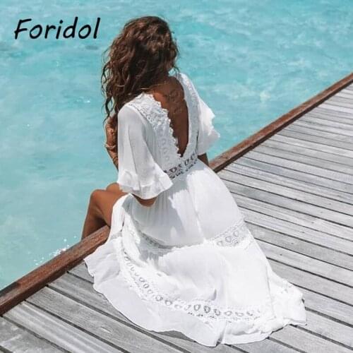 Foridol Backless Sexy White Lace Dress Party Women Summer 2021 Cotton Hollow Out Maxi Dress Long Robe Femme Beach Sundress