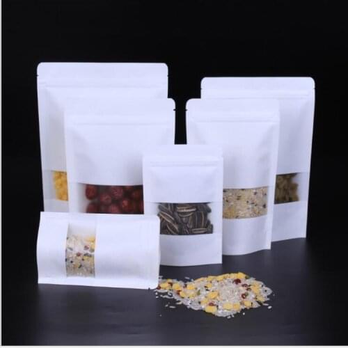 Hot 50pcs/lot White Standup Kraft Paper Bags Zipper Gift Packaging Bags with window Foods Candy coffee Bags Jewelry storage Bags