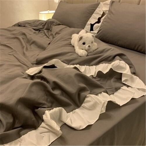 Japanese Simplicity Solid Color pure grey 1.8m bed INS lotus lace Soft Warm Comfort Quilt cover bed student dormitory