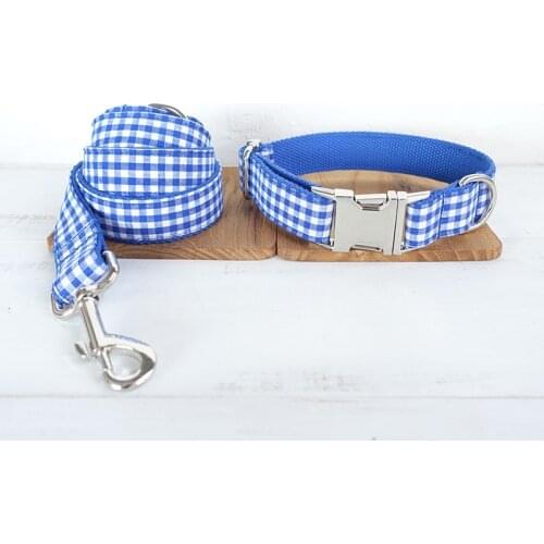 Engraved dog collar blue plaid pet leash straps adjustable necklace with bow tie personalized name tags labrador collar