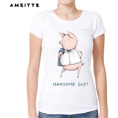 2019 AMEITTE Funny Cartoon Pig Design T-Shirt Womens/Ladies Hipster Animal Printed T Shirt Summer Female Short Sleeve Tee Tops