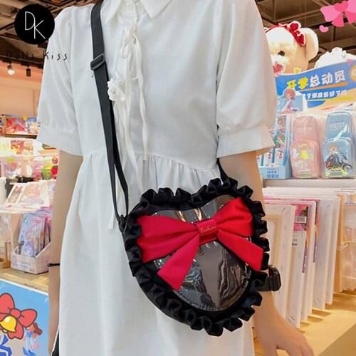 Women Kawaii Ita Bag Ladies Japanese Lace Bow Knot Love Crossbody Bag College Style JK Uniform Shoulder Bag Girls Lolita Purses