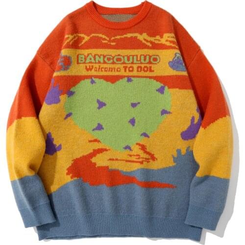 LACIBLE Vintage Sweater Outwear Color Block Love Heart Graffiti Autumn Sweater Men Women Harajuku Loose Knitted Pullover Cotton