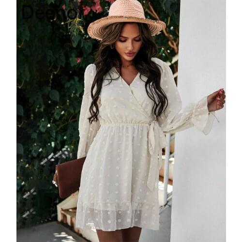 Deenor Sexy Chiffon Dress Polka Dot Long Sleeve Casual Holiday Beach Mini Dresses Women Elegant A-line Party Sundress Vestidos