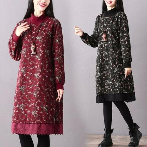 New Vintage Large Size Womens Floral Dress 2021 Autumn Winter Loose Plus Velvet Thick High collar Dress V1089