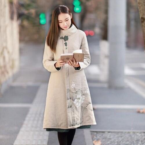 2020 Winter New Long Sleeve Dress Women Warm Robe Vintage Button Chinese Style Cheongsam Thick Women Cotton-Padded Parka 11887