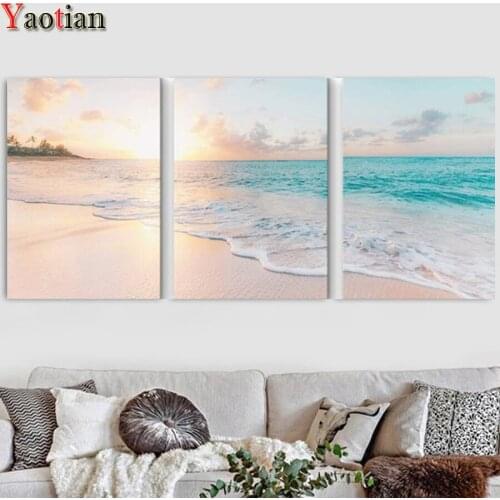 3pcs DIY Diamond Painting Romantic Beach Landscape Wall Art Diamond Embroidery Triptych Painting Modern Home Decoration Picture