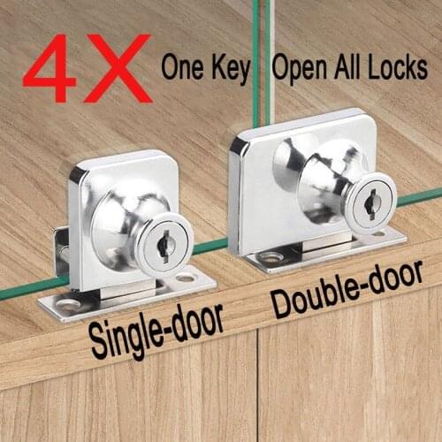 4 Sets Cabinet Lock Display Showcase Locks Double /Single Glass Door Drilling-free Zinc Alloy Door Lock One Key Opens All Locks