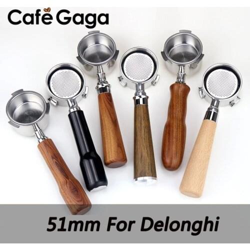 51mm For Delonghi Coffee Bottomless Portafilter Dosing Ring Espresso Coffee Funnel Wooden Handle Filter Holder Coffee Accessory