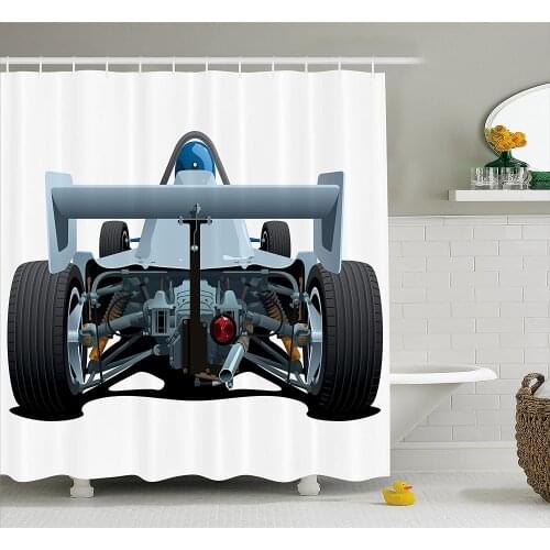 Cars Shower Curtain Back View of a Formula 1 Race Car Rally Competition Sports Cartoon Style Bathroom Waterproof Curtains