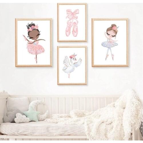 Ballerina Nursery Wall Art Canvas Posters Swan Dance Prints Cartoon Painting Kids Decoration Picture Baby Girl Bedroom Decor