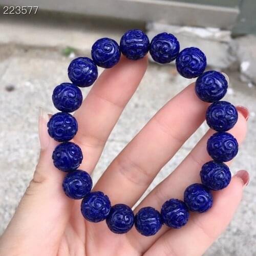 12mm Genuine Natural Royal Blue Lapis Lazuli Gemstone Carved Beads Bracelet For Woman Man Healing Stone New Arrival Gift AAAAAA