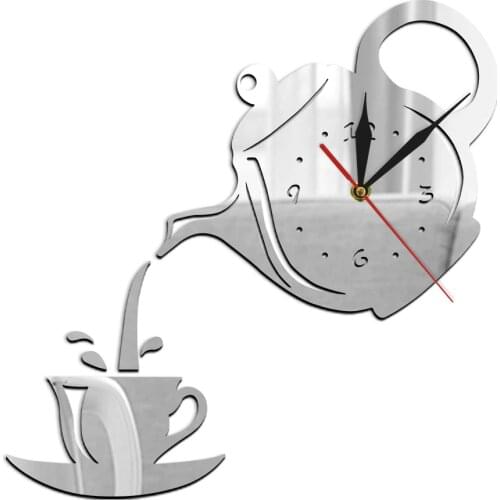 Teapot and Cup DIY 3D Wall Clock Mirror Effect Decorative Wall Watches Tea Kettle Shaped Hanging Kitchen Clocks Jug With A Cup