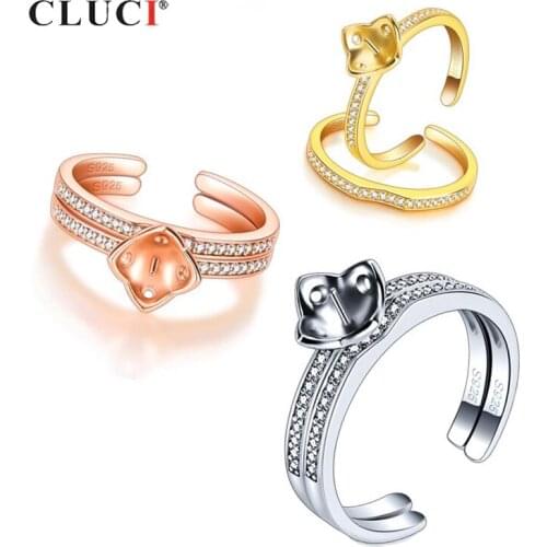 CLUCI 925 Sterling Silver Pearl Ring Mounting Adjustable Rose Gold Zircon Ring for Women Silver 925 Flower Rings SR2228SB