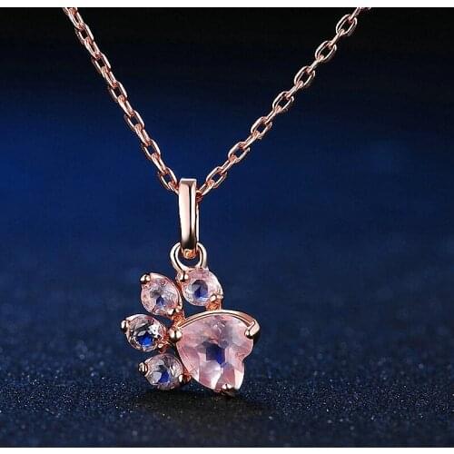 DANS ELEMENT Bears Paw 5x5.5mm 100% Natural Gemstone Rose Quartz Chain Necklace 925 Sterling Silver Jewelry DENI027