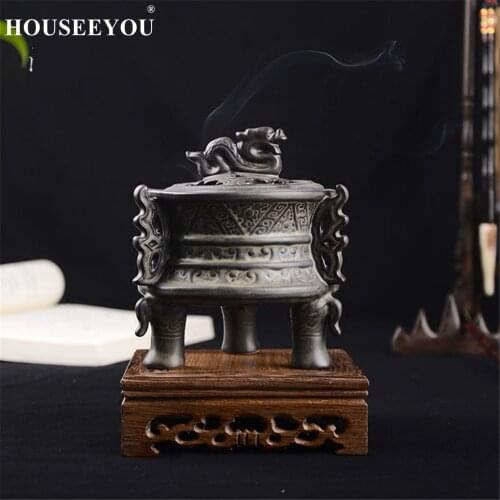 Ceramic Retro Three Feet Binaural Coil Incense Burner Stick Censer Sandalwood Aroma Furnace Buddhist Temple Zen Meditation Room