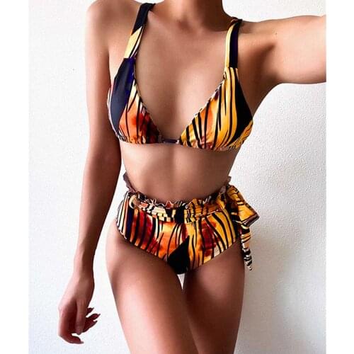 Mossha Yellow print bikini set High waist bandage swimsuit women Triangle micro bikini Brazilian frill bathing suit Beach wear