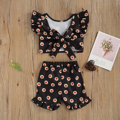 3Pcs Newborn Girls Baby Floral Print Sets O Neck Short Sleeve Top Ruffle Shorts Bow Knot Headband Infant Toddler Outfits 2-7T
