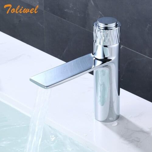 Brass Push Button Faucet Contemporary Bathroom Cold Hot Mixer Chrome Wash Basin Faucet Deck Mount New Fashion Design