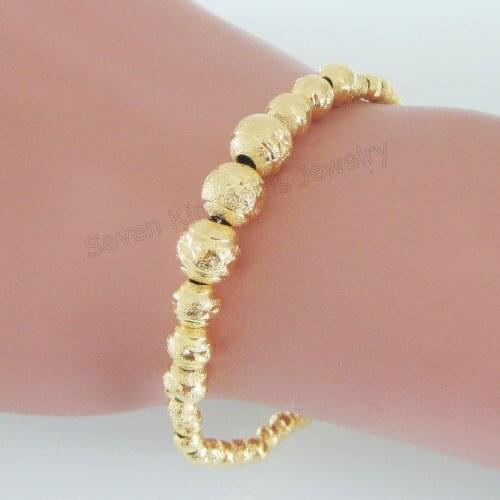 MIN ORDER 10$ /Can mix design/NEW - YELLOW GOLD SOLID GP FILLED BRASS SCRUB DIFFERENT SIZE BALL 7.9" BRACELET/GREAT GIFT