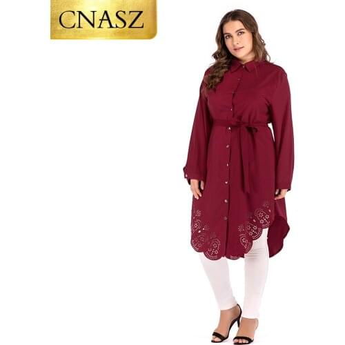 Long sleeves muslim clothing soft polyester fabric plus size 6xl with belt for women blouse top