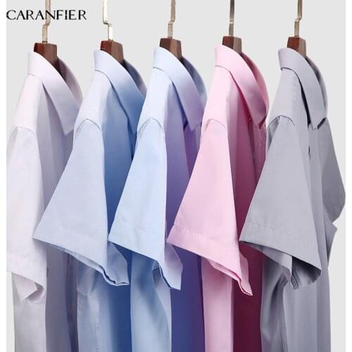 CARANFIER Men Stripe Short-sleeved Shirt Anti-wrinkle Double-layer Collar Shirt Professional Wear Fashion Overalls Chemise Homme